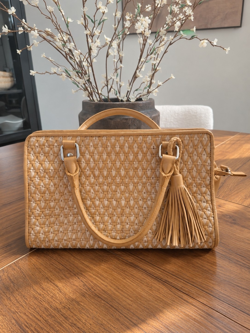 Tommy Bahama Woven Straw Satchel Bag with Genuine Leather Trim & Tassels - Tan